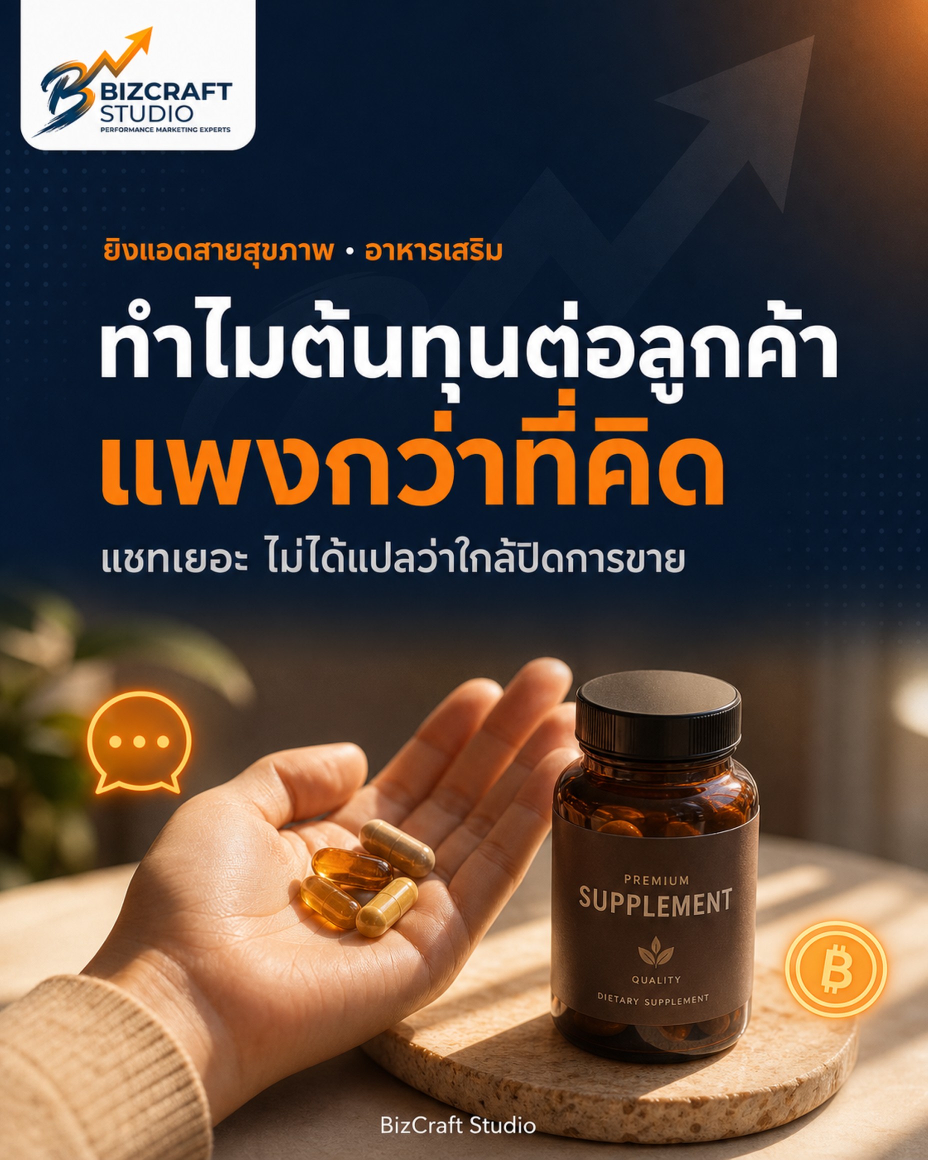 ยิงแอดอาหารเสริมและสินค้าสุขภาพ ทำไมต้นทุนต่อลูกค้าถึงแพงกว่าที่คิด — มือถือแคปซูลและขวดอาหารเสริม BizCraft Studio