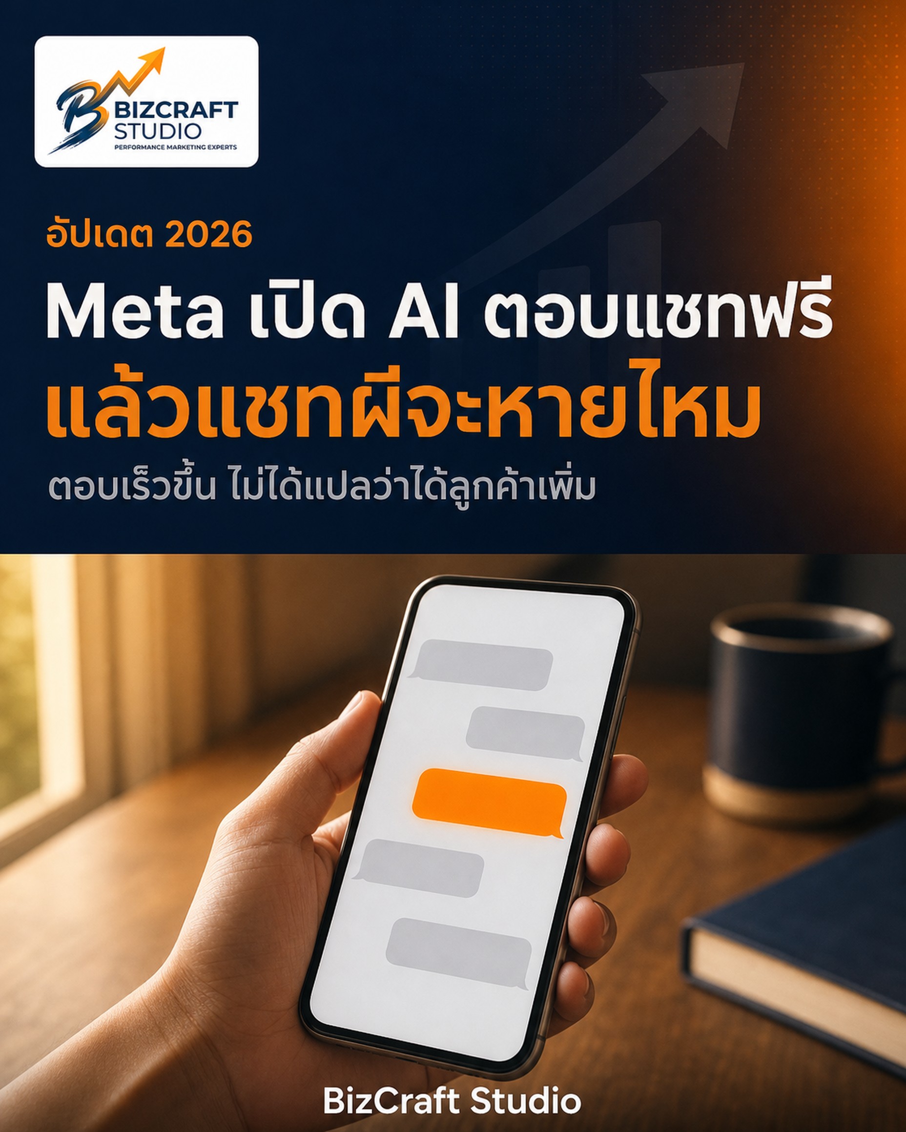 Meta เปิด AI ตอบแชทให้ใช้ฟรี แล้วแชทผีจะหายไหม — มือถือแสดงแชทที่มีลูกค้าจริงเพียงบับเบิลเดียว BizCraft Studio