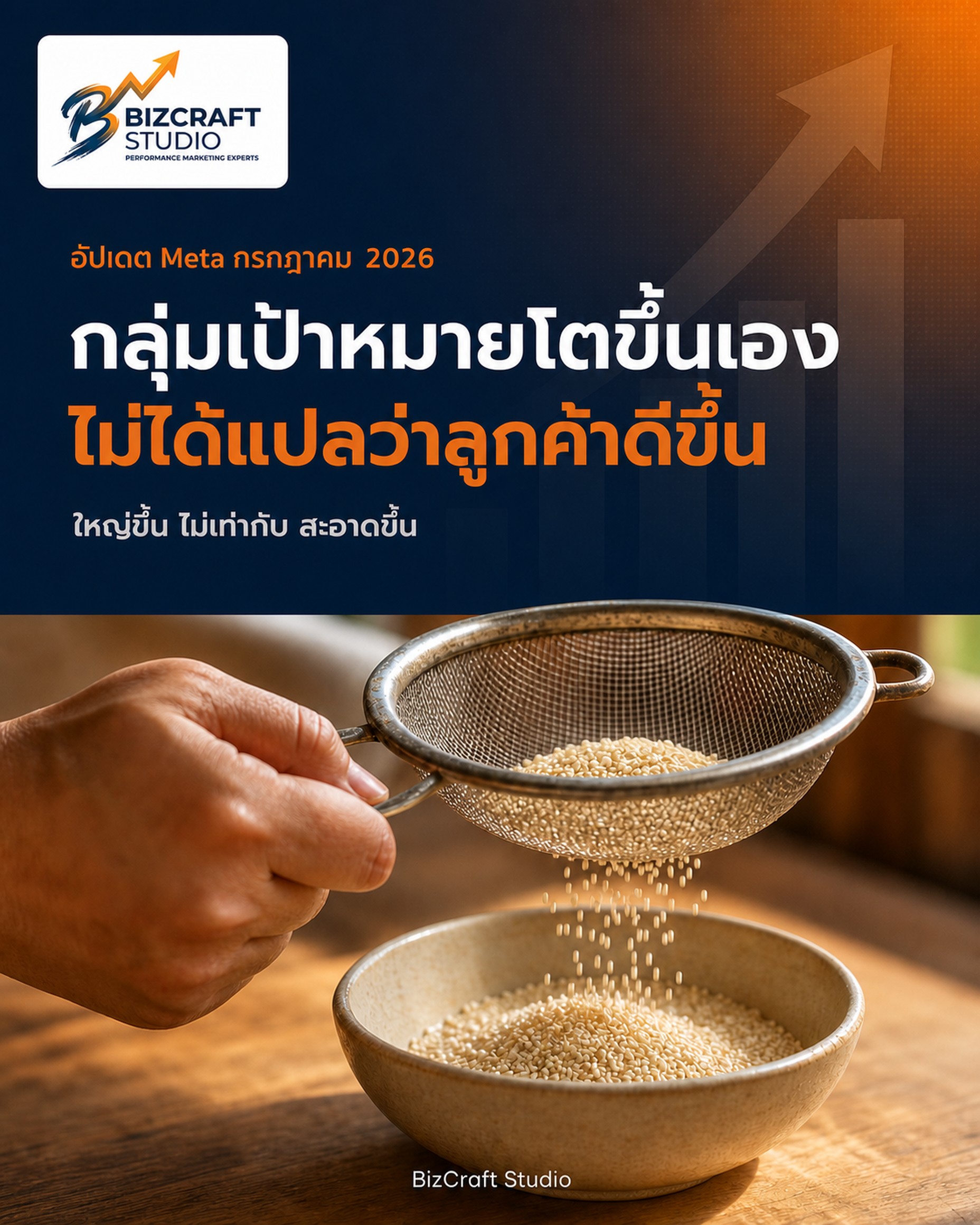 กลุ่ม Retargeting กับ Lookalike โตขึ้นเองหลัง Meta ปิด opt-out — มือถือตะแกรงร่อนเมล็ดลงชาม สื่อถึงการคัดคุณภาพลีด BizCraft Studio